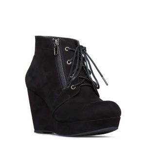 Black wedge booties, brand new in box